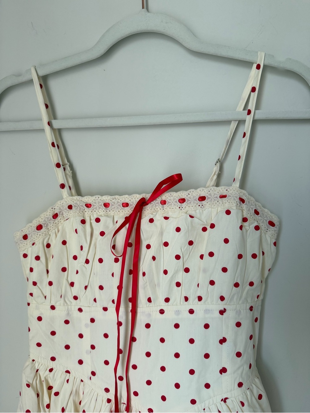 Cream red polka dot cotton spaghetti strap Midi Sundress - Picture 6 of 8
